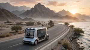 A modern driverless shuttle vehicle on a clean coastal road in Ras Al Khaimah at sunrise, with mountains in the background.