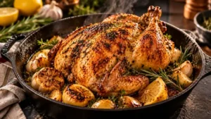 Roast chicken recipe — a perfectly browned whole roasted chicken in a cast iron pan with herbs and lemon