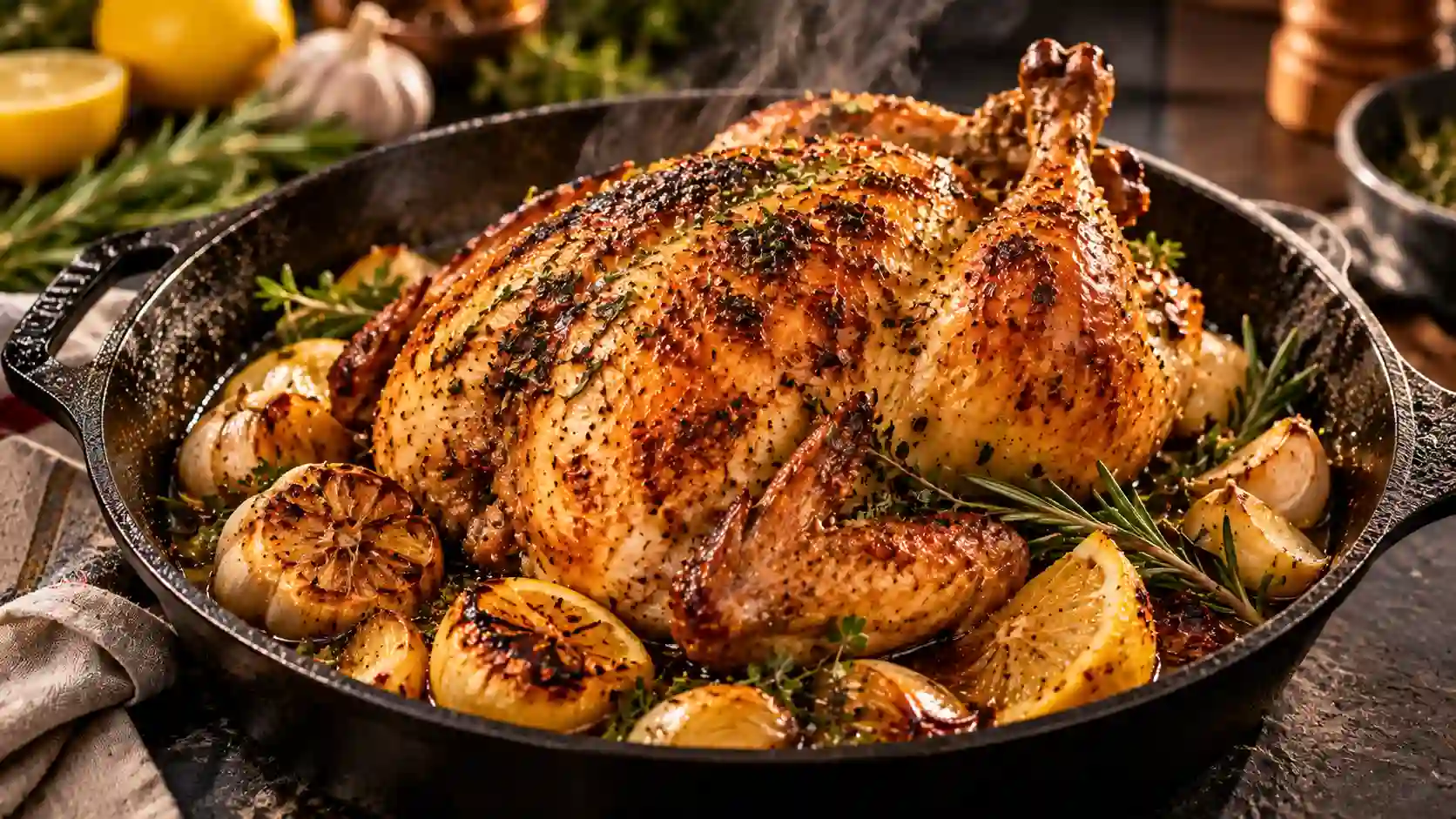 Roast chicken recipe — a perfectly browned whole roasted chicken in a cast iron pan with herbs and lemon