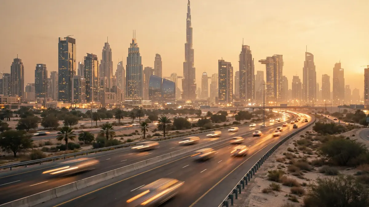 Dubai highway and skyline at golden hour representing the RTA fine check by plate number guide