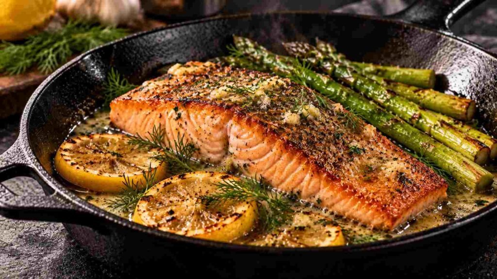 Salmon recipes — a crispy pan-seared salmon fillet in a skillet with lemon butter and fresh herbs