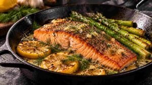Salmon recipes — a crispy pan-seared salmon fillet in a skillet with lemon butter and fresh herbs
