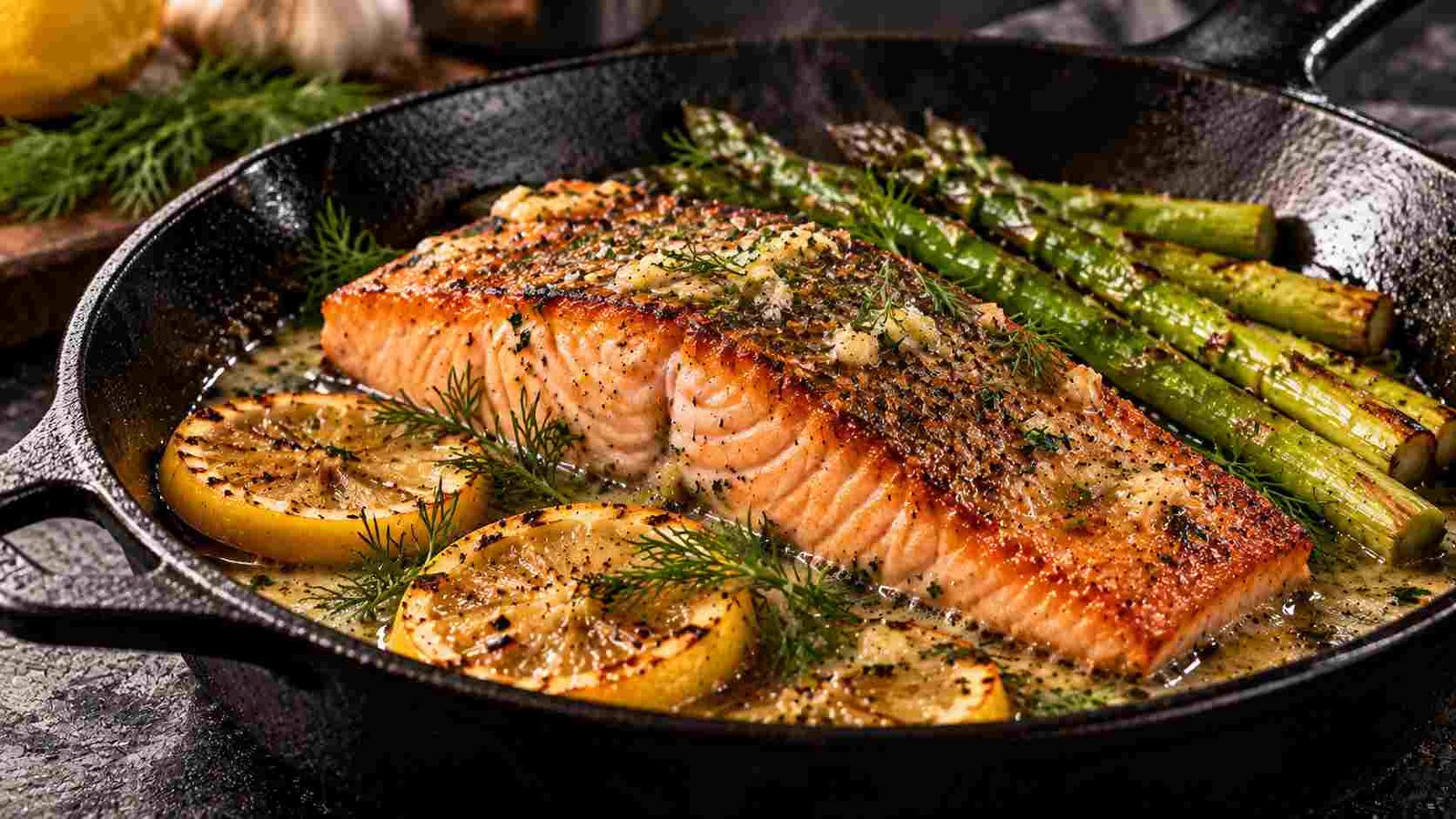 Salmon recipes — a crispy pan-seared salmon fillet in a skillet with lemon butter and fresh herbs