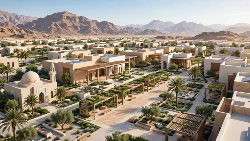 Sharjah integrated care city illustration showing a modern low-rise care community with gardens and a mosque.