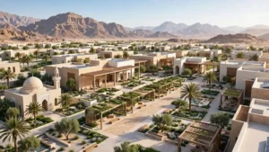 Sharjah integrated care city illustration showing a modern low-rise care community with gardens and a mosque.