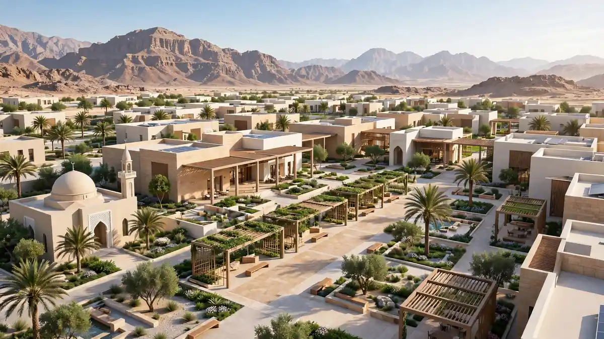 Sharjah integrated care city illustration showing a modern low-rise care community with gardens and a mosque.
