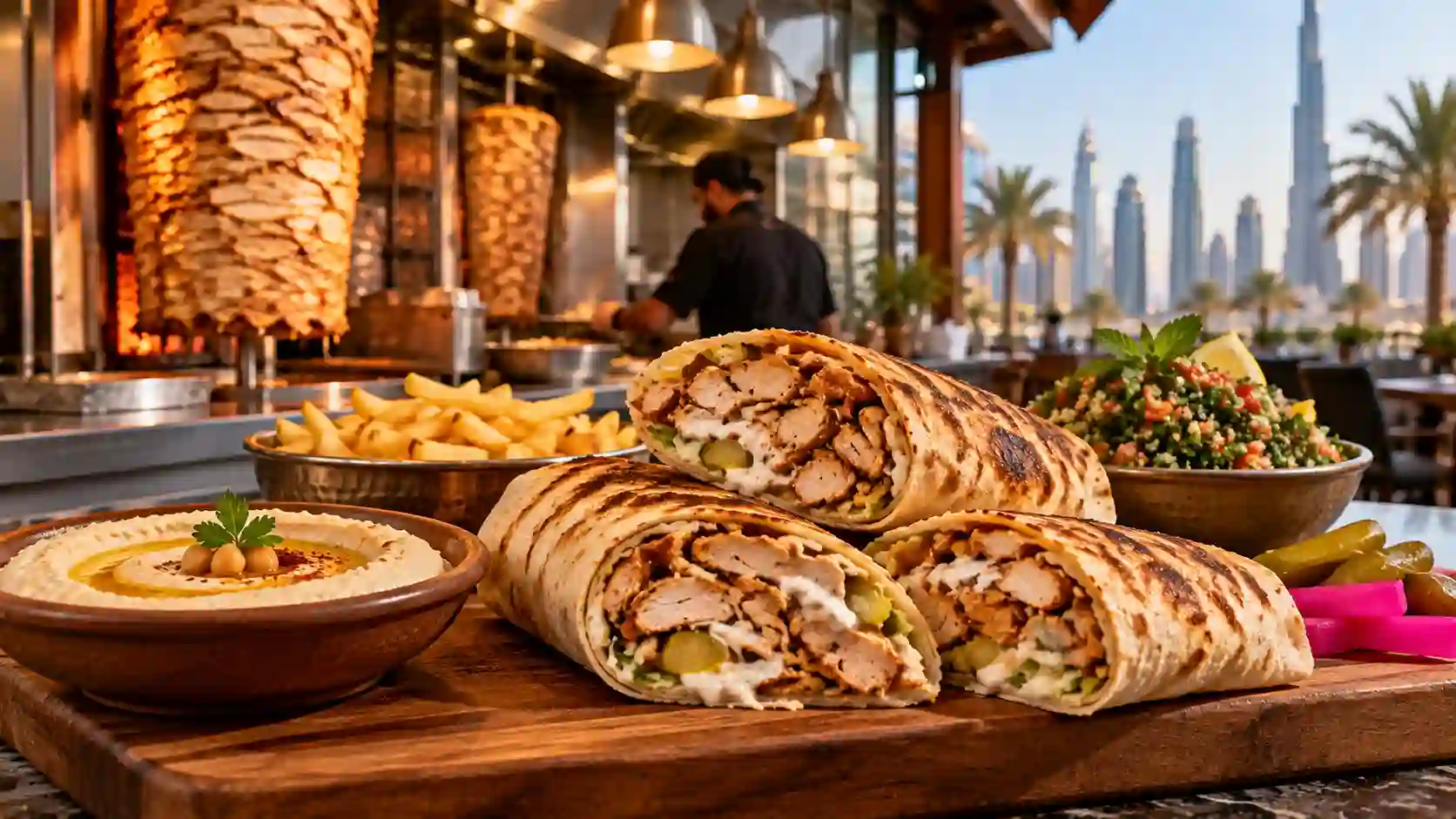 Shawarma in dubai — freshly rolled toasted chicken shawarma wraps served with garlic toum and mezze