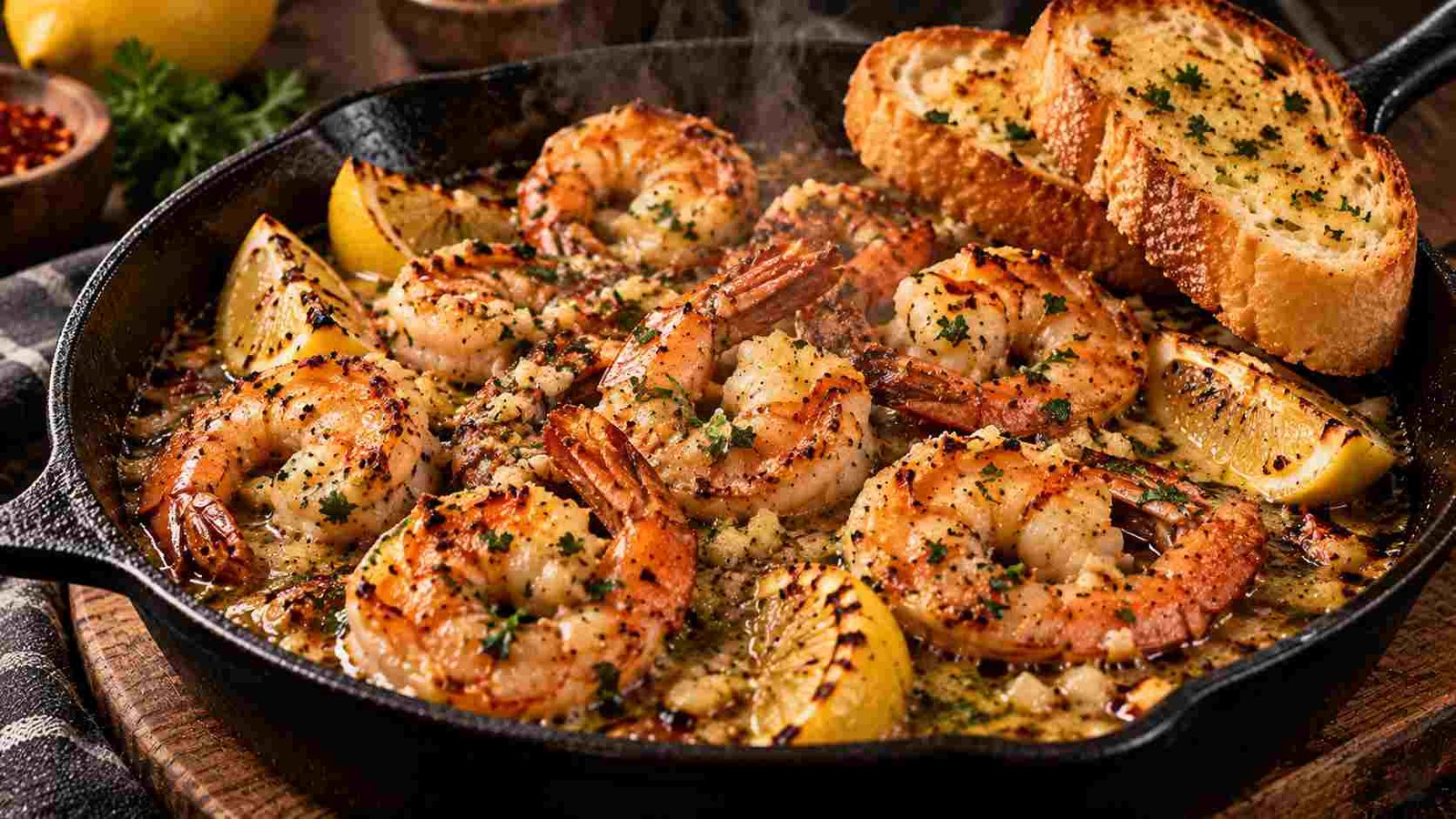 Shrimp recipes — plump pink jumbo shrimp sizzling in a cast iron skillet with garlic butter and herbs