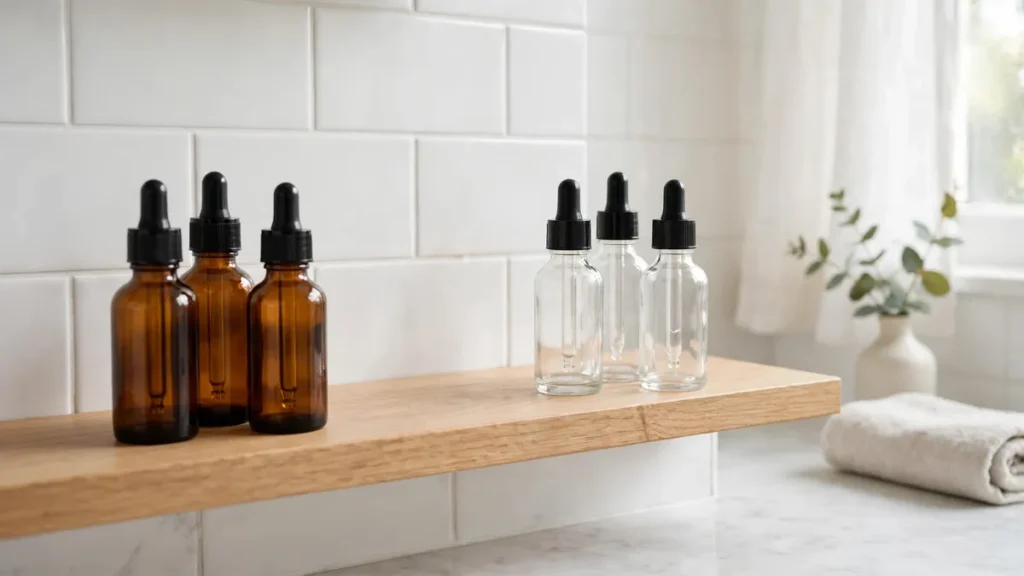 Skincare serum bottles in two separate groups on a bathroom shelf, showing ingredients kept apart