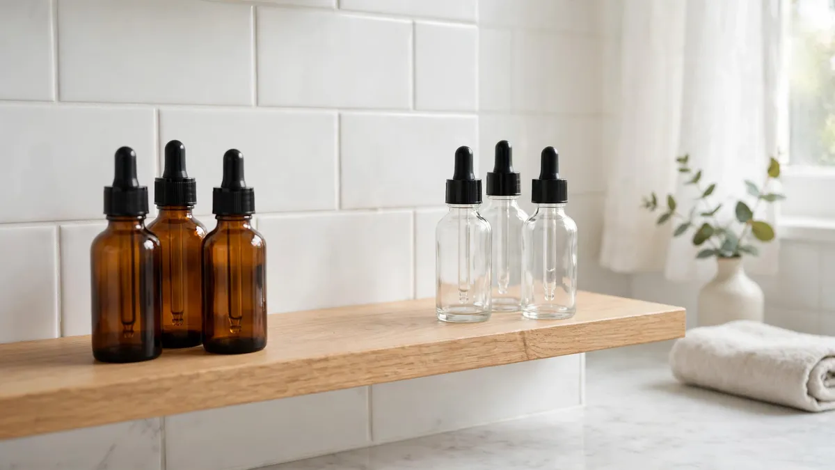 Skincare serum bottles in two separate groups on a bathroom shelf, showing ingredients kept apart