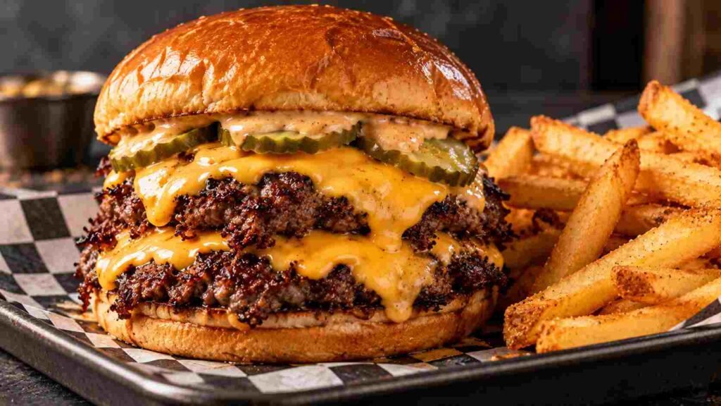 Smash burger recipe — a double patty smash burger with melted cheese and lacy crispy edges on a toasted bun
