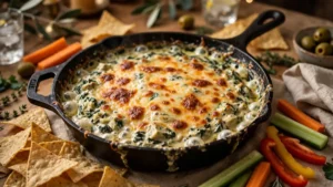 Hot spinach artichoke dip with golden cheese top in a cast-iron skillet, served with tortilla chips and veggie sticks