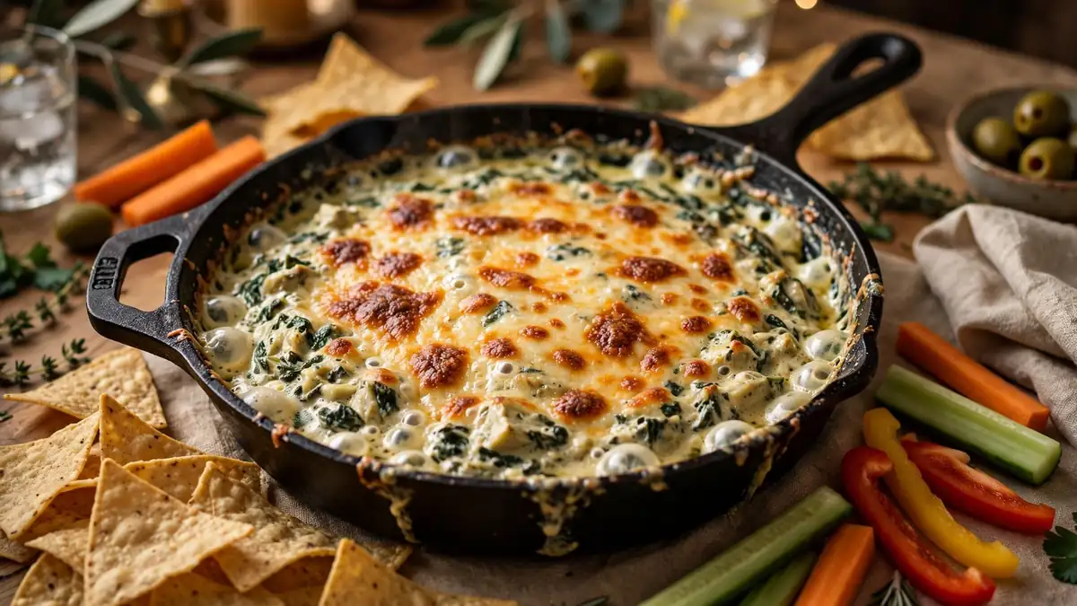 Hot spinach artichoke dip with golden cheese top in a cast-iron skillet, served with tortilla chips and veggie sticks