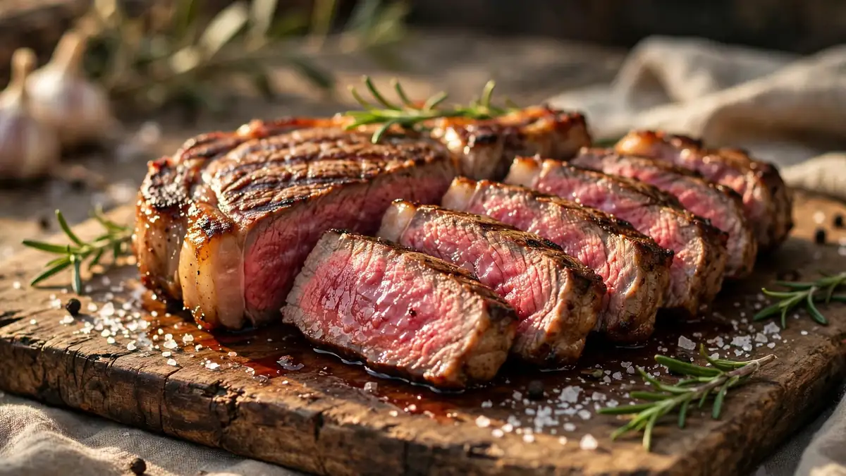 Sliced seared ribeye steak with juicy medium-rare center on a wooden board