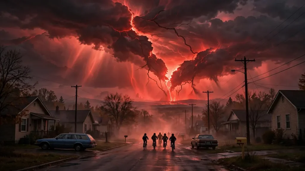 Stranger Things season 5 final season concept showing Hawkins under a red stormy sky with kids on bikes facing the rift
