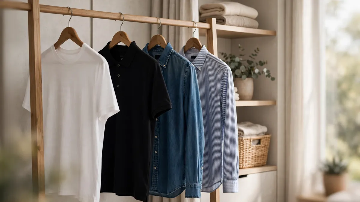 Stylish shirt for men collection — tees, polos, denim and dress shirts on a wardrobe rack