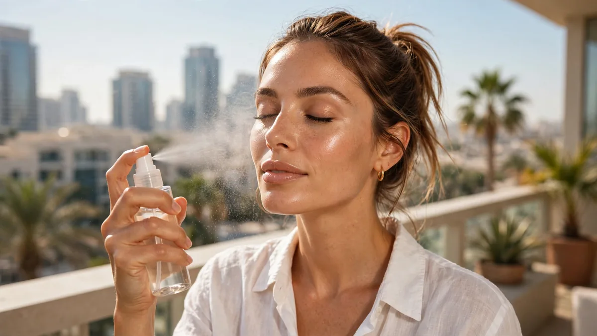 Woman applying setting spray over fresh sweat-proof makeup in bright warm light