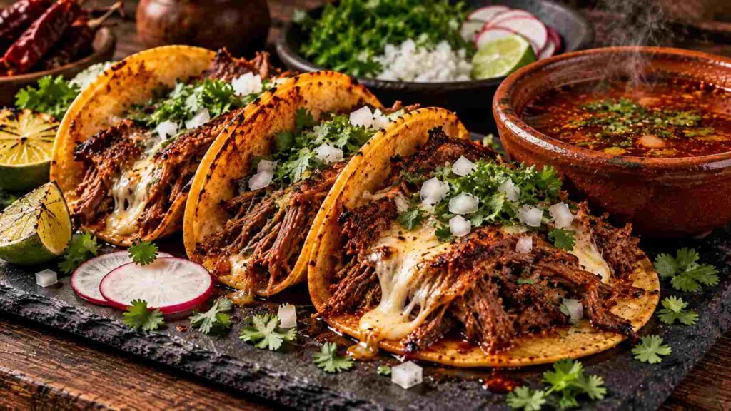 Taco recipe — authentic Mexican street tacos with shredded beef birria, fresh cilantro, onions, and consommé dip
