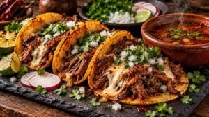 Taco recipe — authentic Mexican street tacos with shredded beef birria, fresh cilantro, onions, and consommé dip