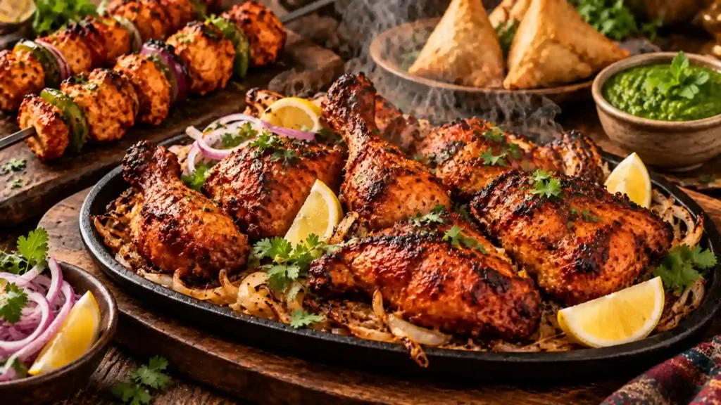 Tandoori chicken recipe — charred smoky tandoori chicken pieces on a sizzler platter with onions and mint chutney