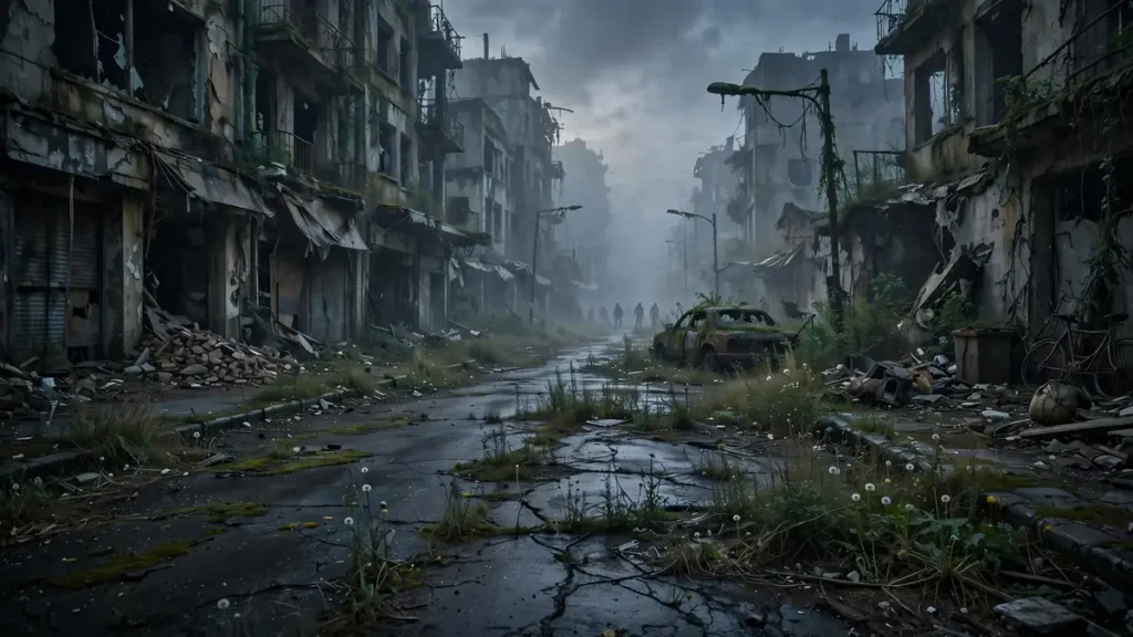 The Walking Dead Season 12 concept art showing an abandoned post-apocalyptic city street with walkers in the fog