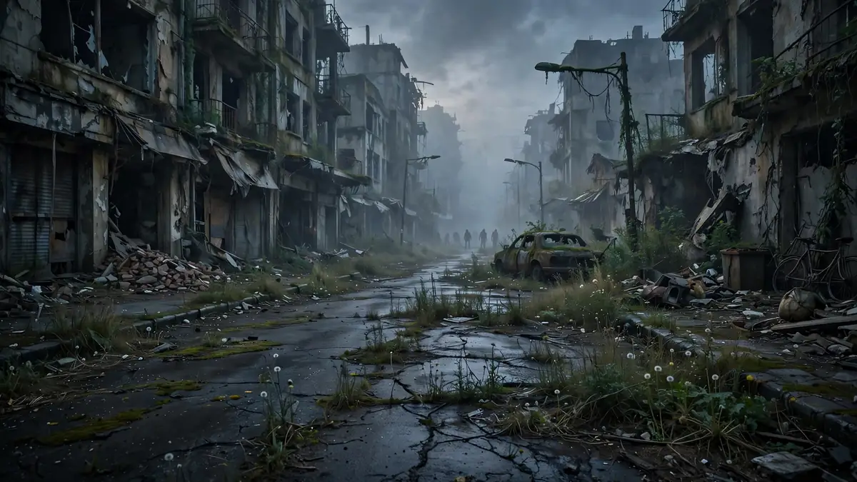 The Walking Dead Season 12 concept art showing an abandoned post-apocalyptic city street with walkers in the fog