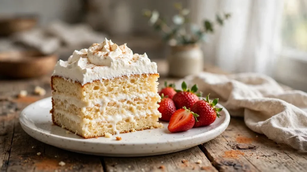 Tres leches cake recipe — milk-soaked cake slice with whipped cream and strawberries