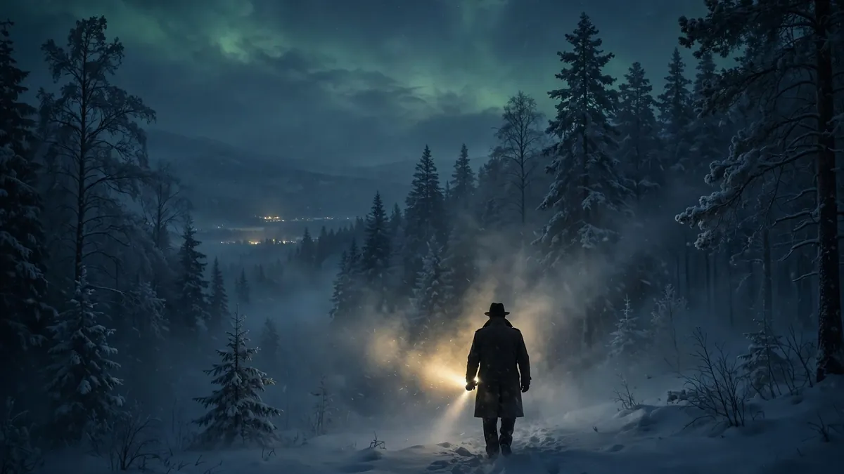 Detective with flashlight in a dark snowy forest at night, True Detective Season 4 Night Country theme
