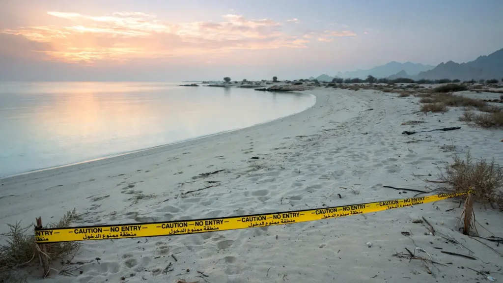 An empty beach on the UAE's northern coastline at sunrise with a closed-off stretch of sand