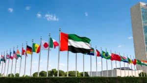 UAE flag waving among national flags outside United Nations headquarters in New York during the UAE bid for UN Secretary-General