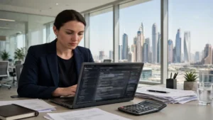 A business professional reviewing digital invoice documents on a laptop in a bright modern office with Dubai skyscrapers visible through the window