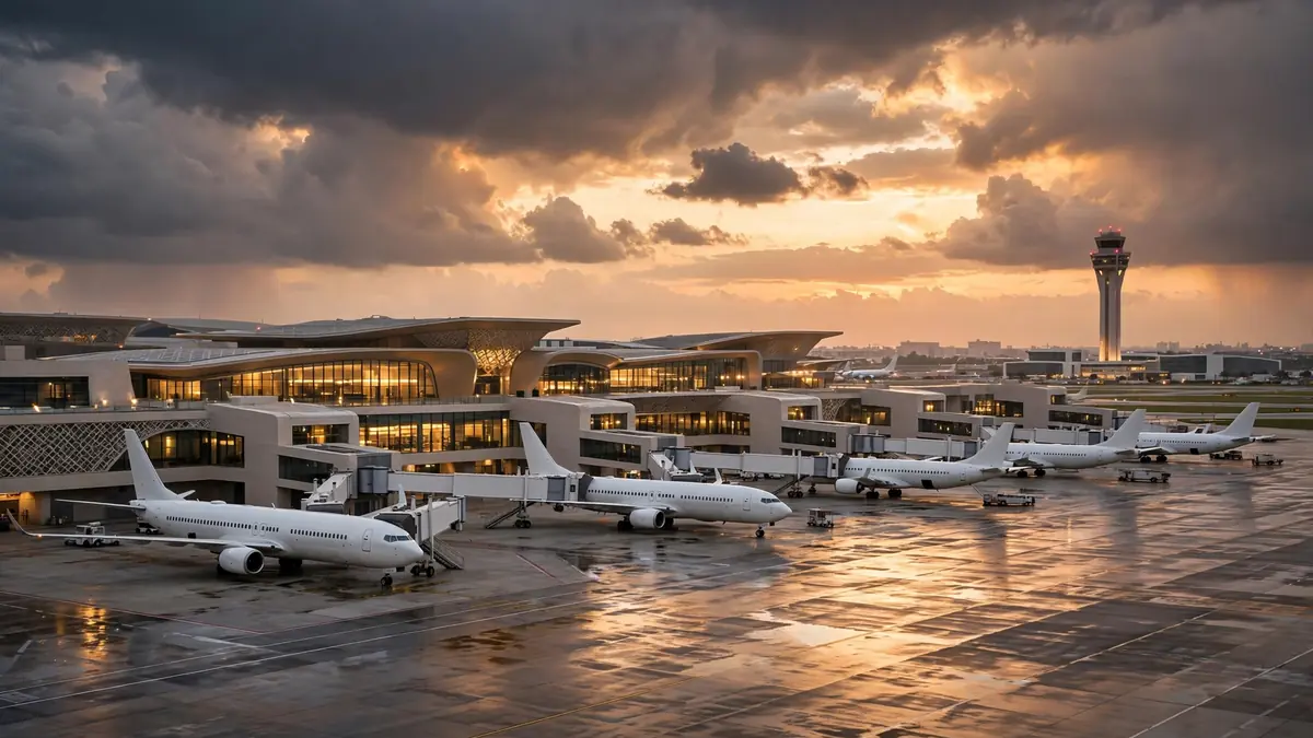 Passenger airplanes parked at a Gulf international airport at dusk