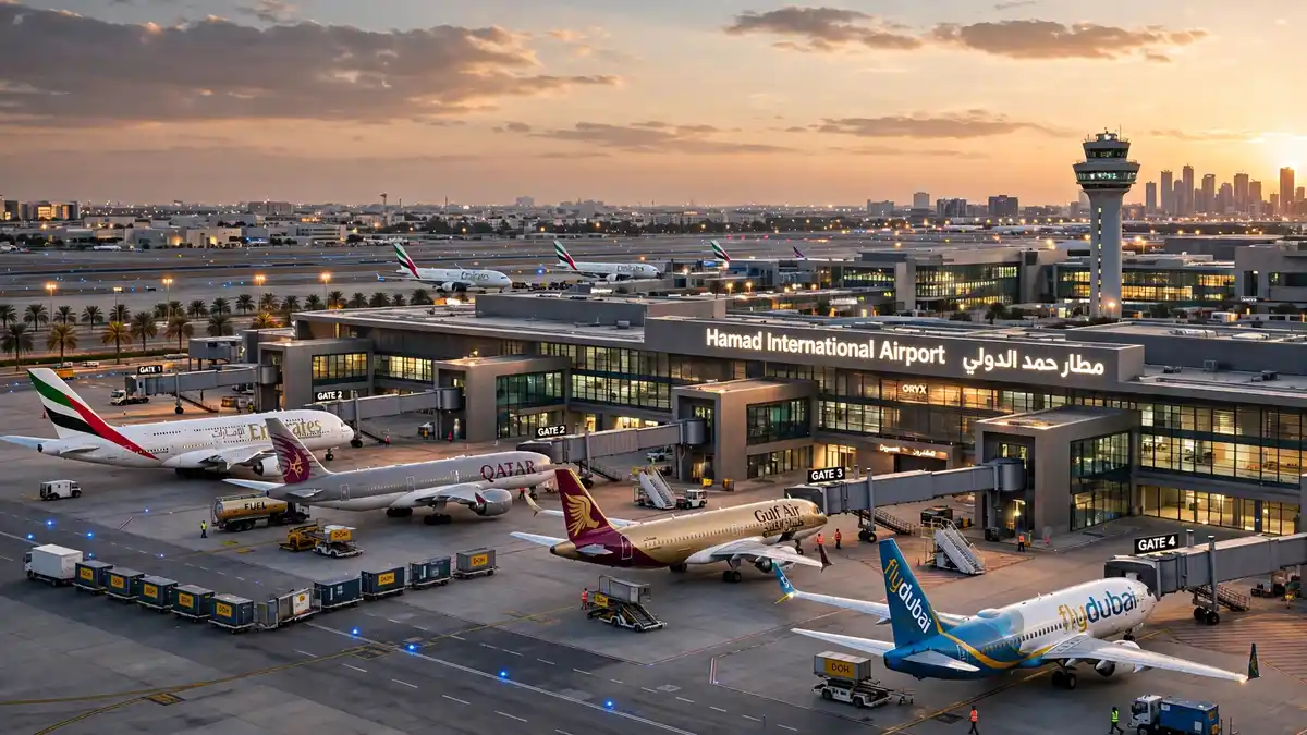 Passenger airplanes parked at airport gates at a Gulf international airport at dusk