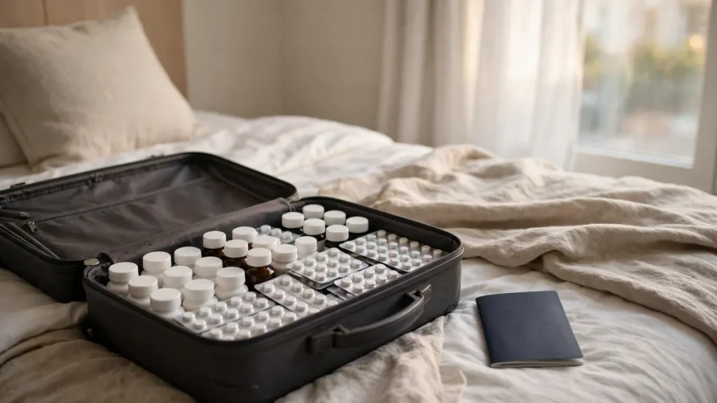 Open suitcase on a hotel bed packed with medicine bottles and blister packs, passport beside it in soft morning light.