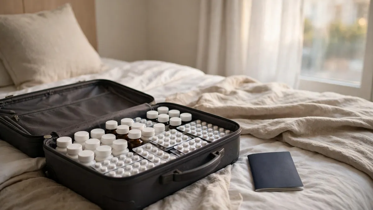 Open suitcase on a hotel bed packed with medicine bottles and blister packs, passport beside it in soft morning light.