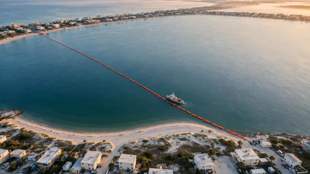 Aerial view of a Gulf coastline at sunrise with orange oil-spill containment booms stretched across the sea and a cleanup response boat nearby