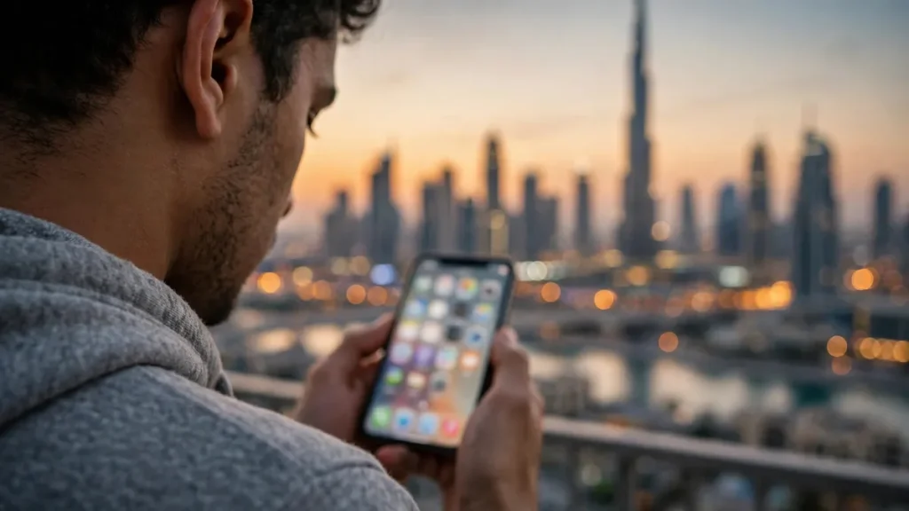 Man in Dubai holding a smartphone with blurred social media apps, Dubai skyline and Burj Khalifa behind him at dusk