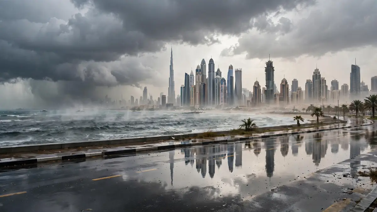 Cloudy sky over the UAE with rain and dust expected on Tuesday 27 October 2026