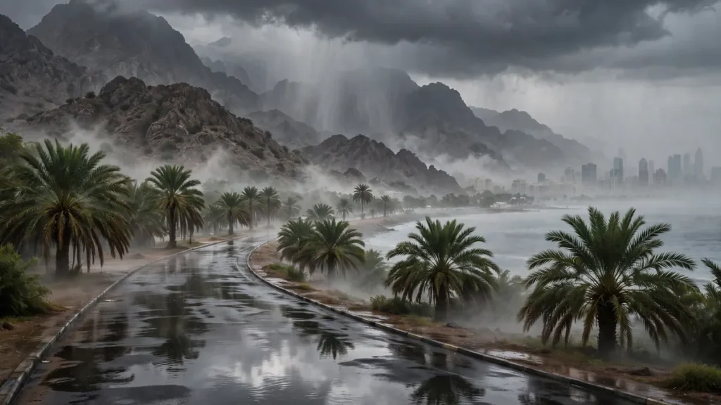 Dark rain clouds over mountains, palm trees and a wet coastal road in the UAE with mist over the sea on 28 October 2026