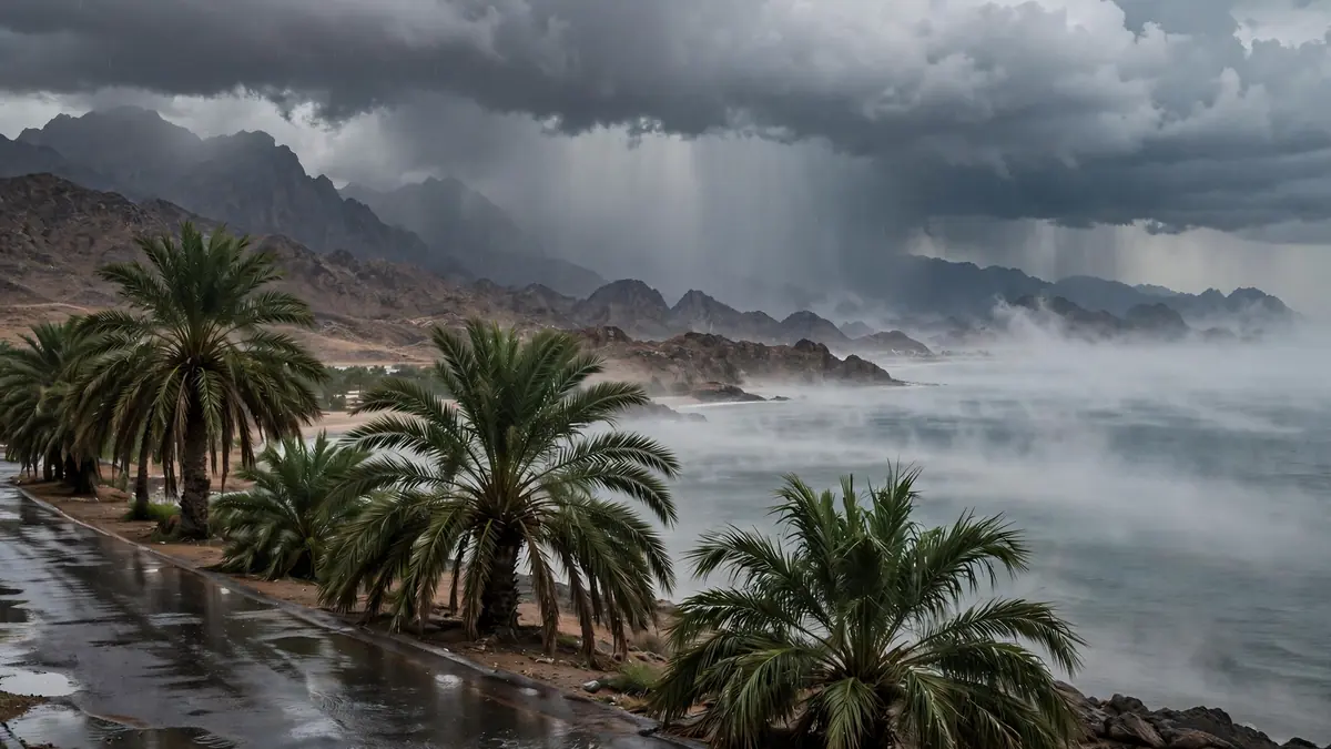 Dark convective clouds over UAE mountains and coast with palm trees beside a wet road and mist over the sea on 29 October 2026