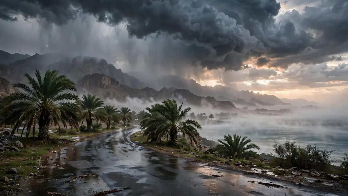 Dark convective clouds over UAE mountains and coast with palm trees beside a wet road and mist over the sea