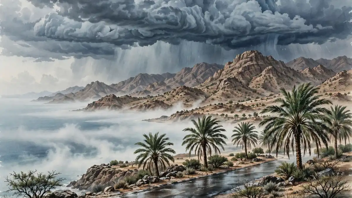 Dark convective clouds over UAE mountains and coast with palm trees beside a wet road and mist over the sea.