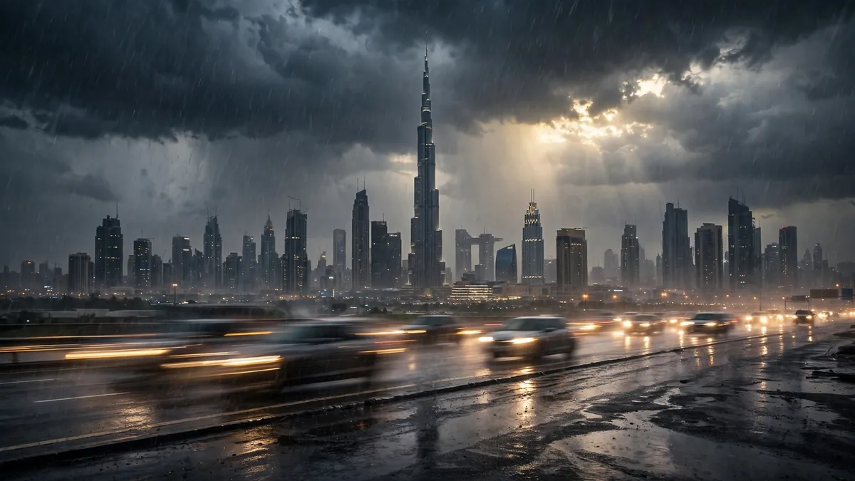 Dubai skyline under dark rain clouds with rain streaks falling over a wet highway and blurred car headlights