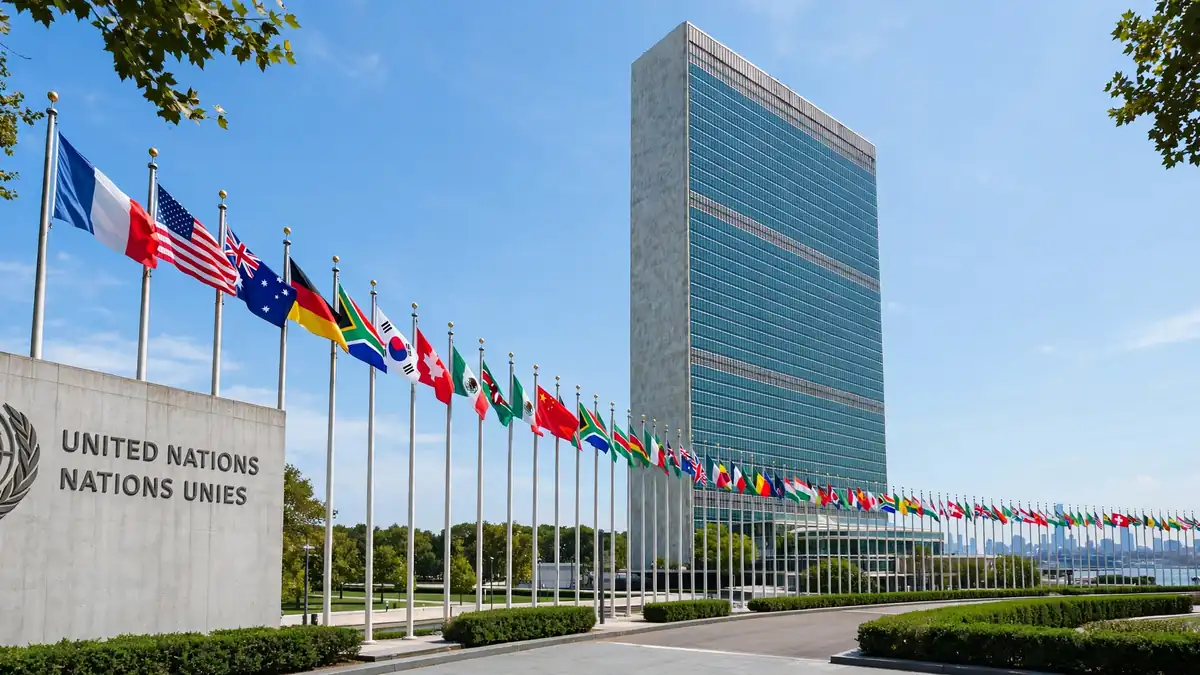 Rows of national flags flying outside United Nations headquarters in New York during the UN Secretary-General candidates 2026 race