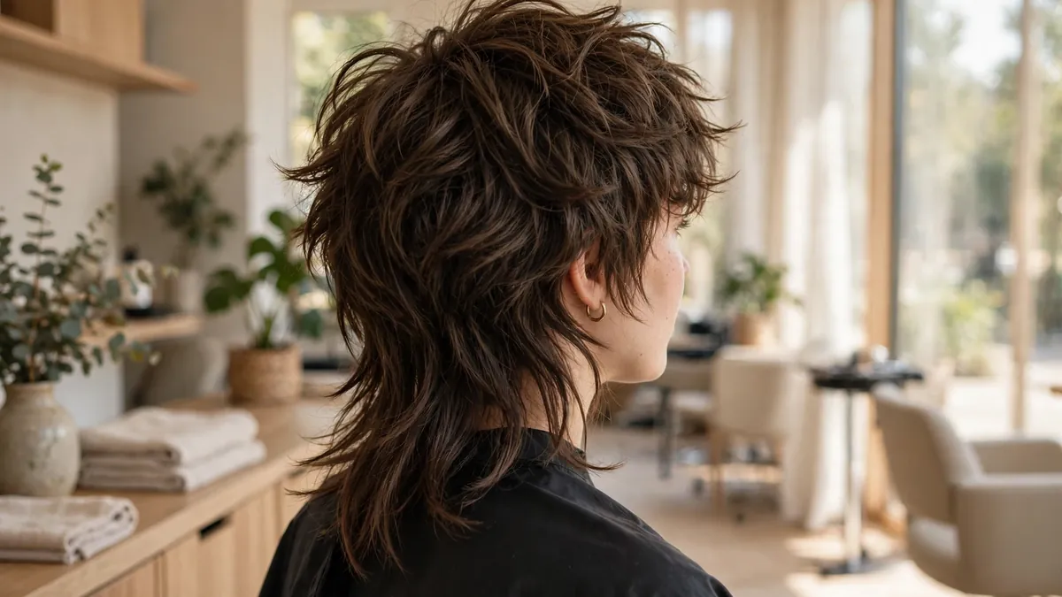 Woman with a layered wolf cut hairstyle showing choppy crown layers and long textured ends