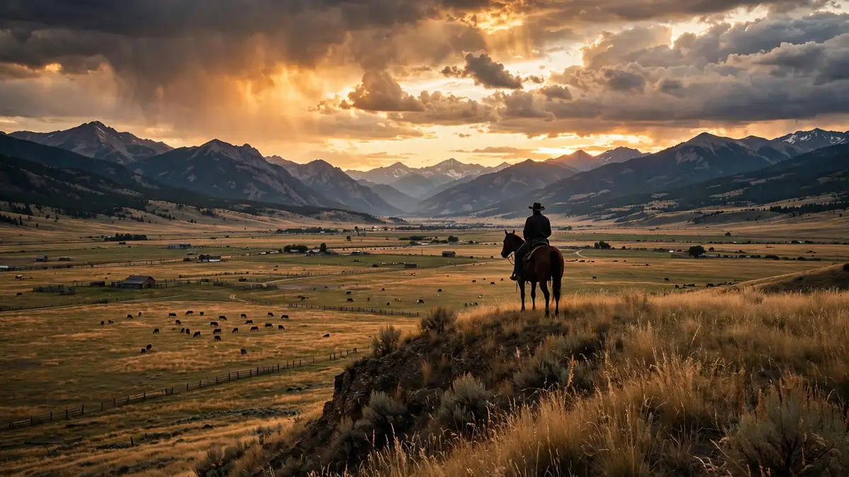Cowboy on horseback overlooking a Montana ranch valley at sunset, evoking Yellowstone season 2