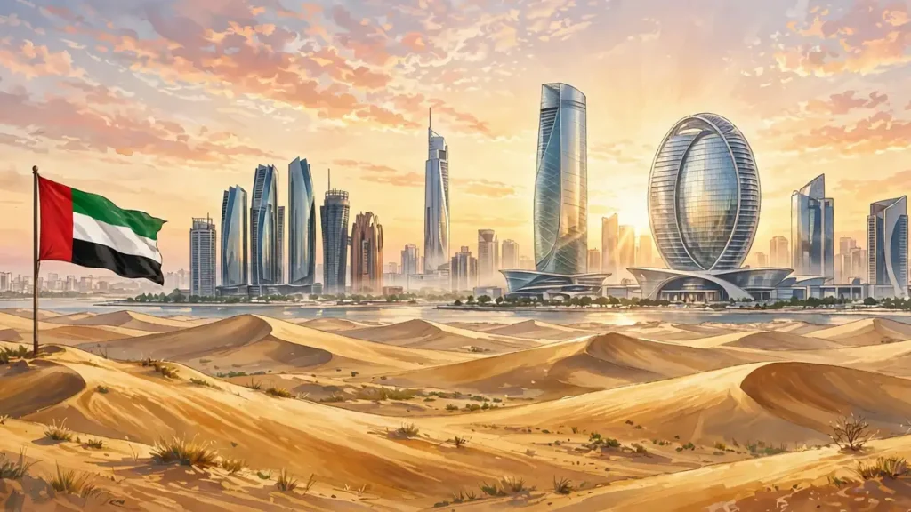Illustration of the UAE flag flying over an Abu Dhabi skyline at sunrise with desert dunes in the foreground. The image is an illustration and does not show the announcement event.