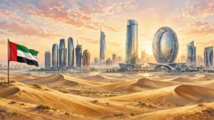 Illustration of the UAE flag flying over an Abu Dhabi skyline at sunrise with desert dunes in the foreground. The image is an illustration and does not show the announcement event.